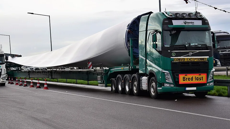 A wind turbine blade being transported for installation